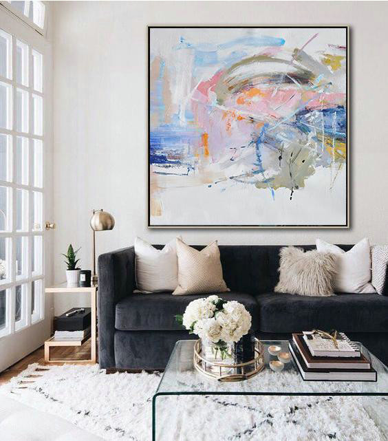 Large Contemporary Art Acrylic Painting,Oversized Abstract Oil Painting,Hand Paint Abstract Painting,White,Pink,Blue,Gray.etc